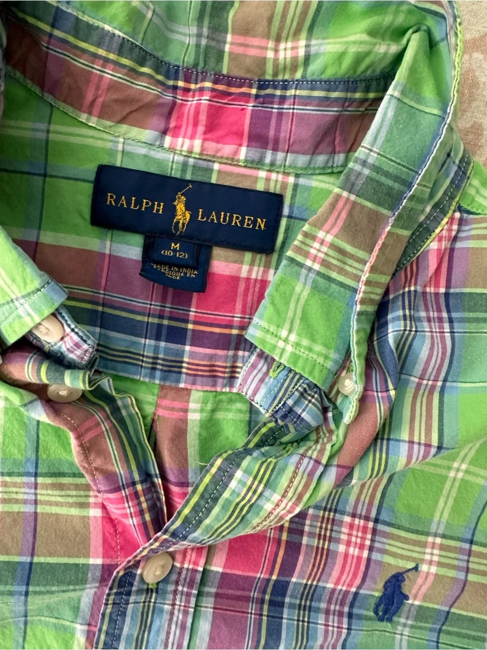 (Boys) Ralph Lauren Green and Pink Plaid Button-Down Shirt